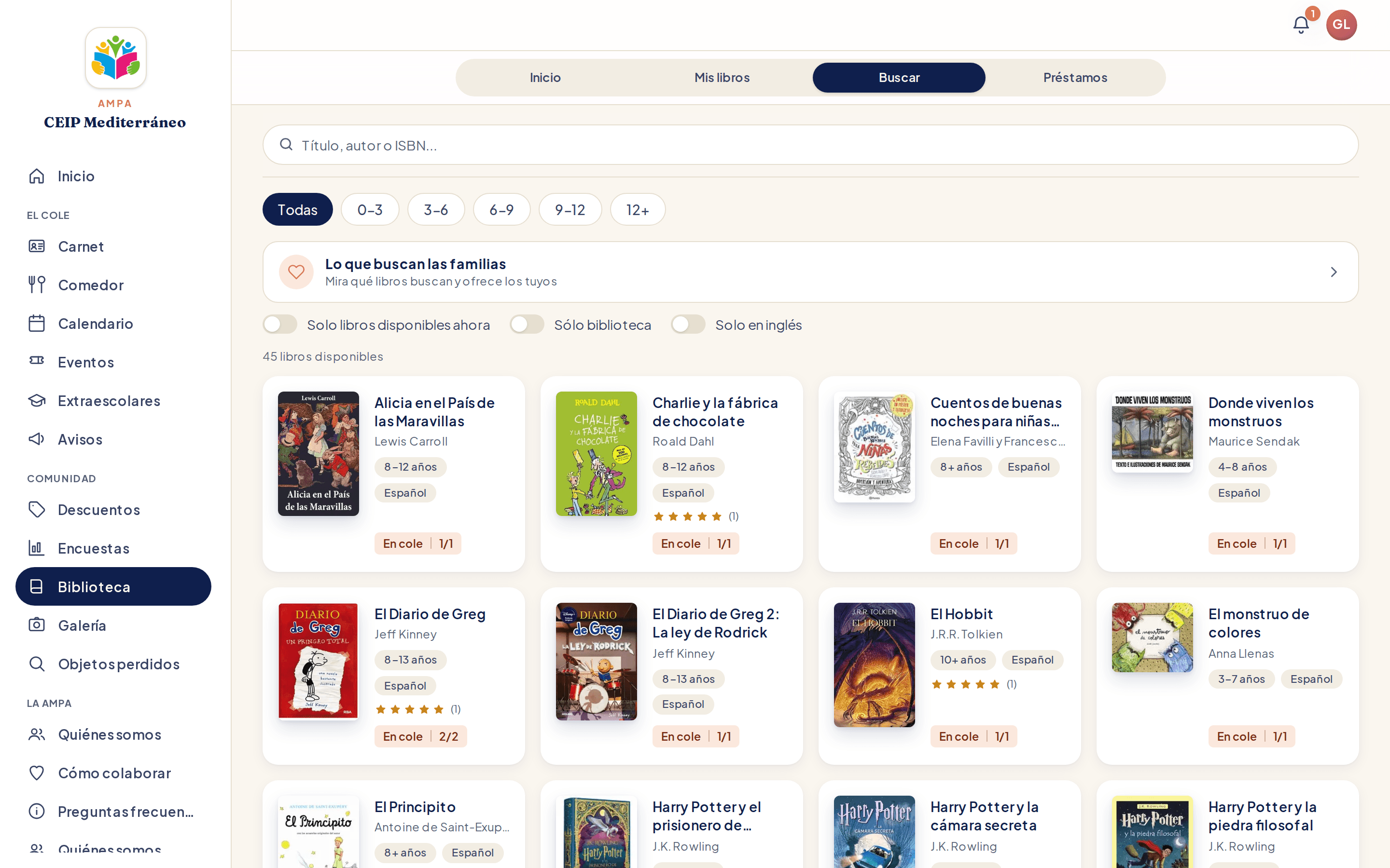 El catálogo de la biblioteca en pantalla de ordenador: portadas, filtros por edad y disponibilidad de cada libro