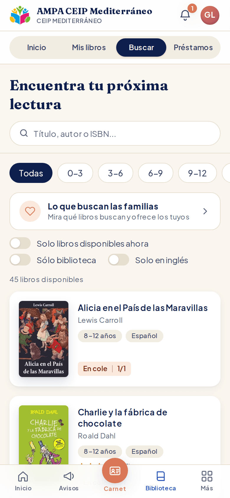 Buscador del catálogo de la biblioteca con portadas, filtros por edad y disponibilidad de cada libro