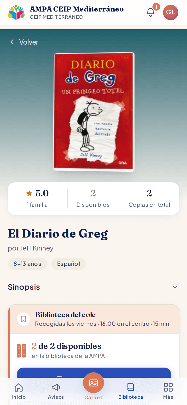 Ficha de un libro con portada, valoración de las familias, disponibilidad y recogida programada