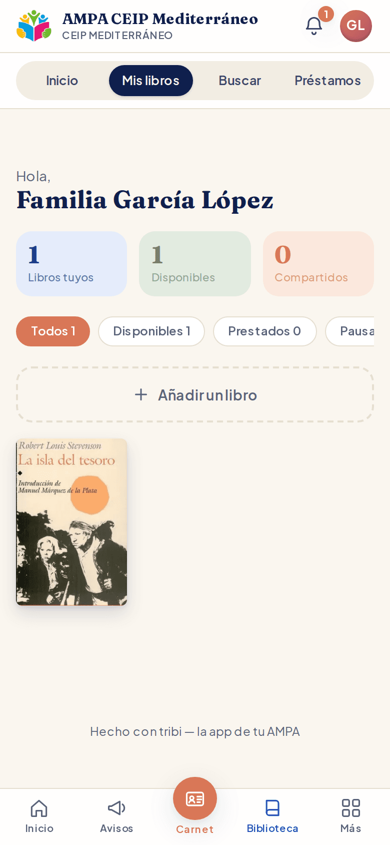 Vista «Mis libros»: la colección de una familia con sus libros disponibles para compartir