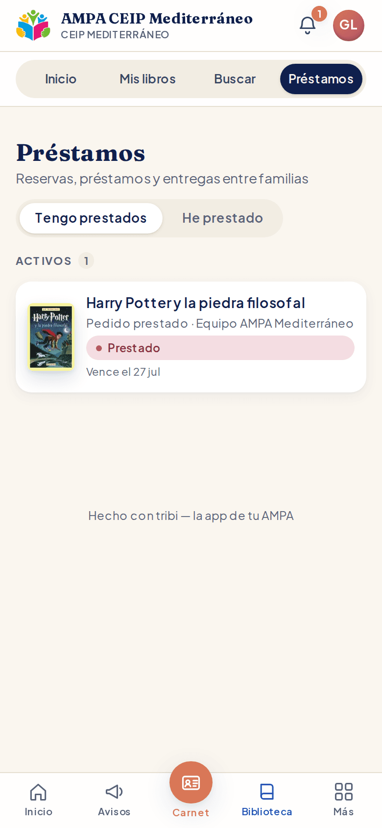 Sección Préstamos: libros prestados entre familias con su estado y fecha de vencimiento