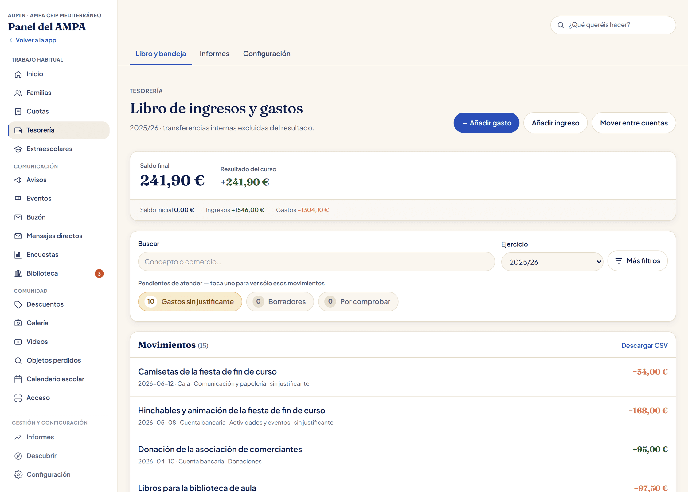 Libro de ingresos y gastos del AMPA, con el saldo del curso, los movimientos y los gastos pendientes de justificante