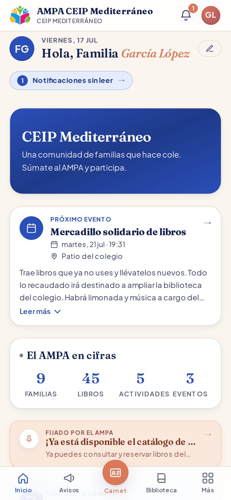 Pantalla de inicio de la app del AMPA con la cuota, los avisos y el próximo evento